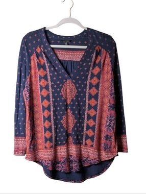 Lucky Brand long-sleeve peasant top size Medium bohemian medallion pattern navy
